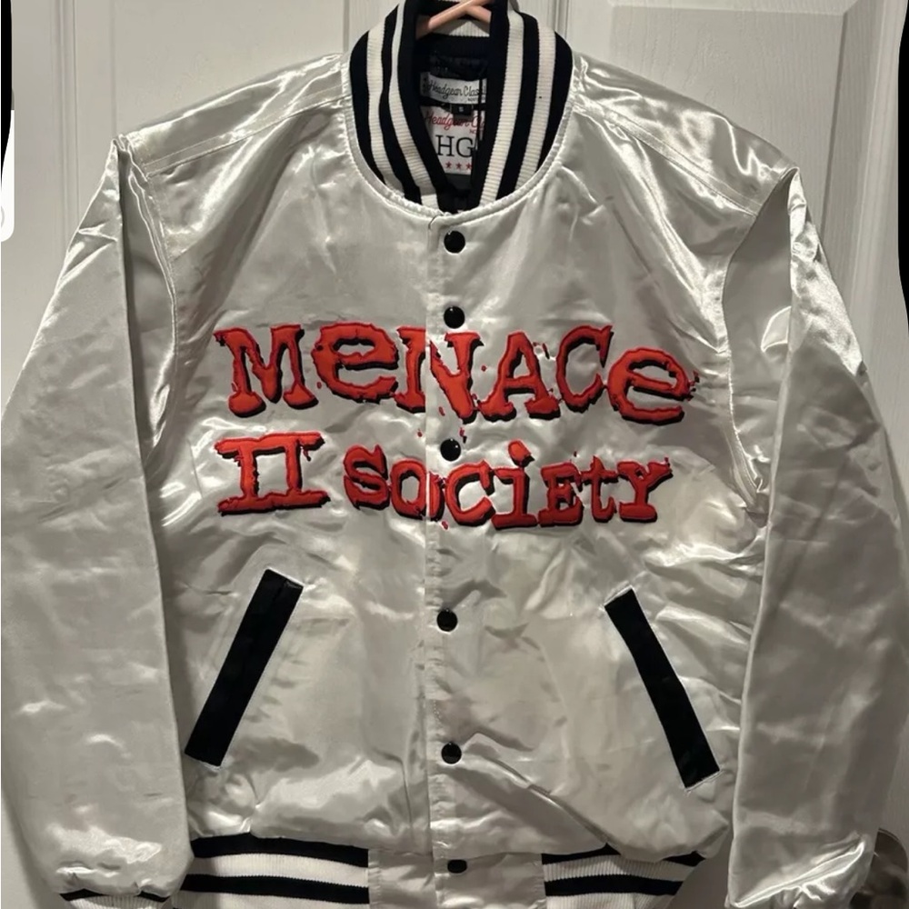 Headgear Classics “Menace II Society Men's White and Black Satin Bomber Jacket